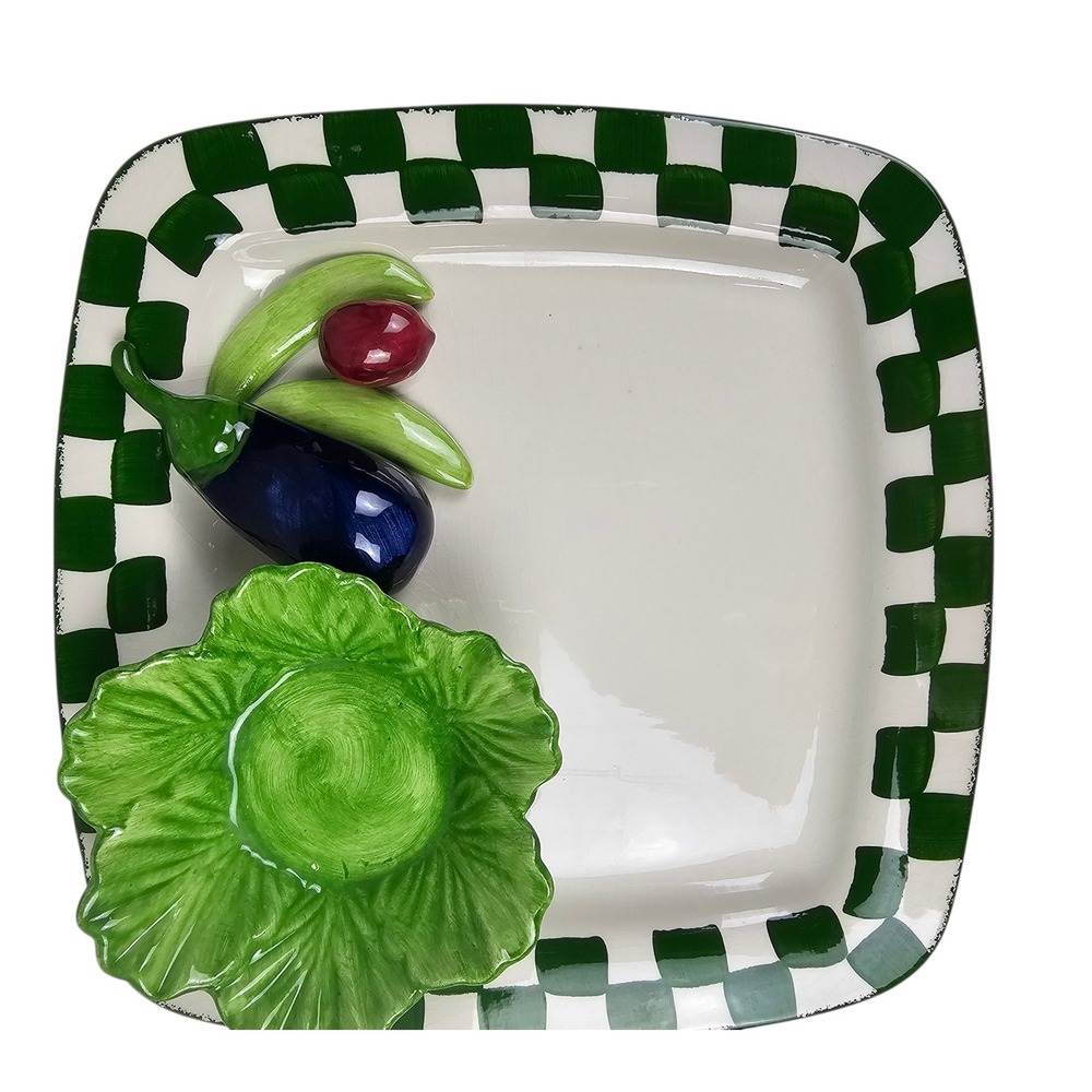 Cali Chip and & Platter Green Checkered Vegetable‎ Cabbage Eggplant Serving Tray